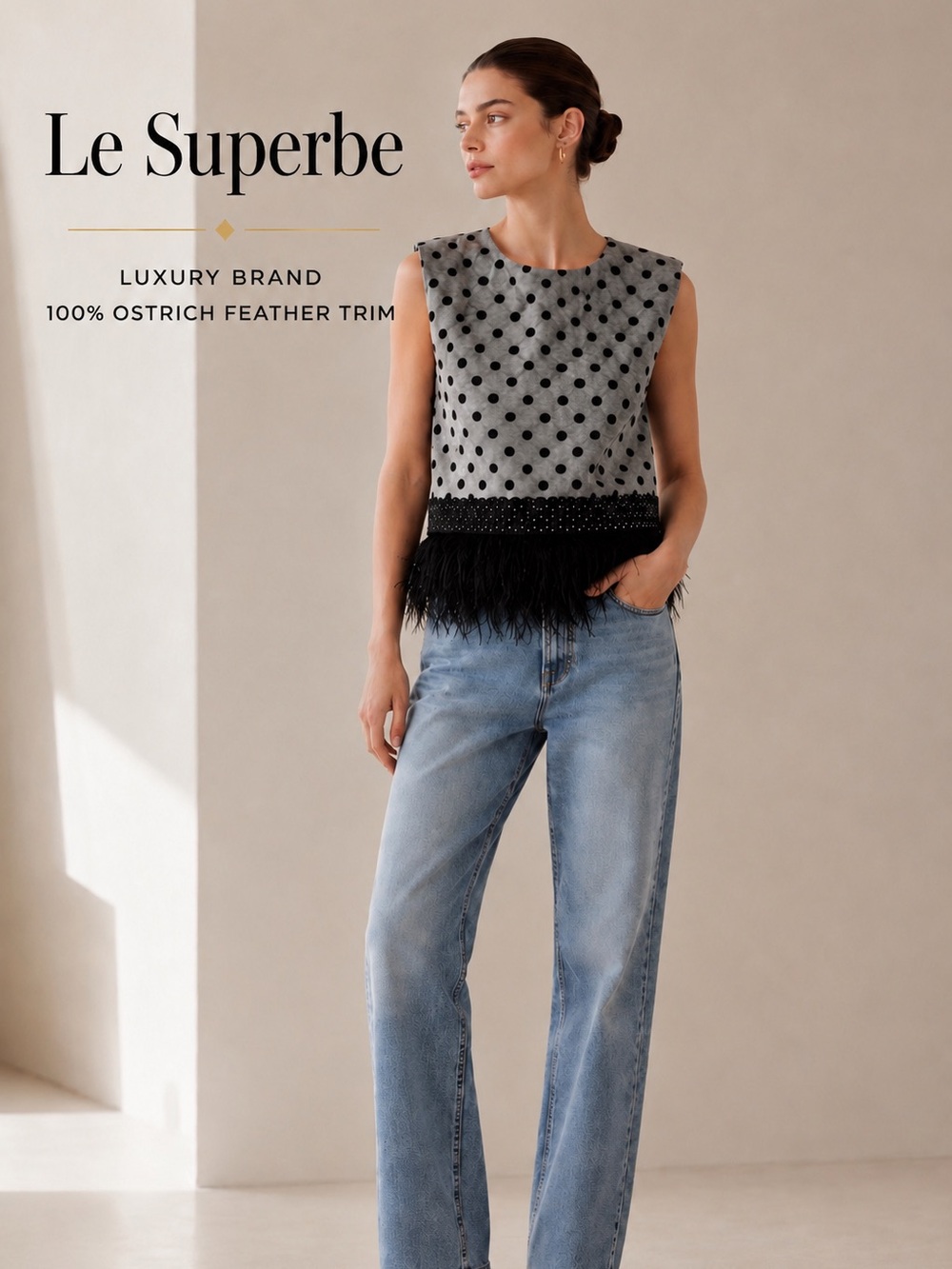 Le Superbe Gray Polka Dot 100% Ostrich Feather Trim Top Sz M Sleeveless NWT Mod
